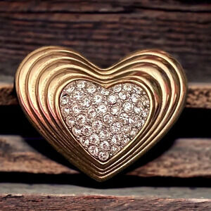 Vintage Pavè Rhinestone Gold Tone Heart Brooch
